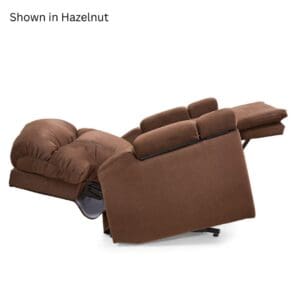 A fully reclined Cloud+ Large with Twilight Lift Chair by Golden Technologies, featuring brown fabric upholstery, cushioned backrest and seat, and an extended footrest. Text above: Shown in Hazelnut.