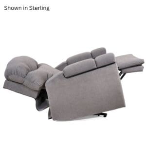 The Cloud+ Large with Twilight Lift Chair by Golden Technologies, shown fully extended in plush Sterling fabric, features thick cushions and a soft upholstered finish for ultimate comfort.
