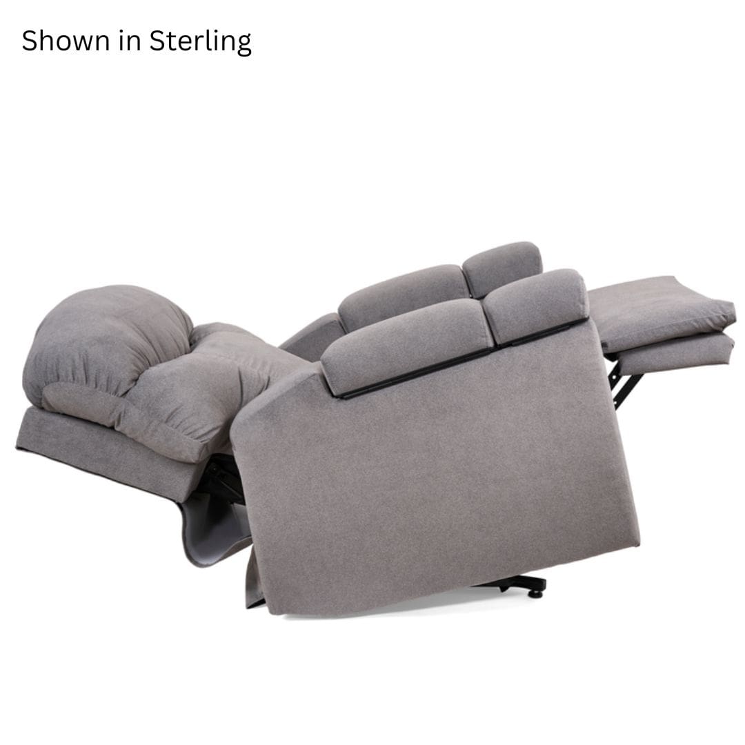 The Cloud+ Large with Twilight Lift Chair by Golden Technologies, shown fully extended in plush Sterling fabric, features thick cushions and a soft upholstered finish for ultimate comfort. The Cloud+ Large with Twilight Lift Chair by Golden Technologies, shown fully extended in plush Sterling fabric, features thick cushions and a soft upholstered finish for ultimate comfort.