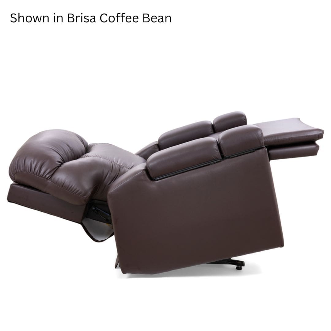 A fully extended Cloud+ Large with Twilight - Lift Chair by Golden Technologies, backrest tilted and footrest raised, upholstered in Brisa Coffee Bean. Text above: Shown in Brisa Coffee Bean. A fully extended Cloud+ Large with Twilight - Lift Chair by Golden Technologies, backrest tilted and footrest raised, upholstered in Brisa Coffee Bean. Text above: Shown in Brisa Coffee Bean.