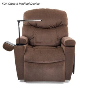 A brown Cloud+ Medium Lift Chair by Golden Technologies features plush cushions, a built-in side table, reading lamp, and side pocket. "FDA Class II Medical Device" text appears in the top left corner.