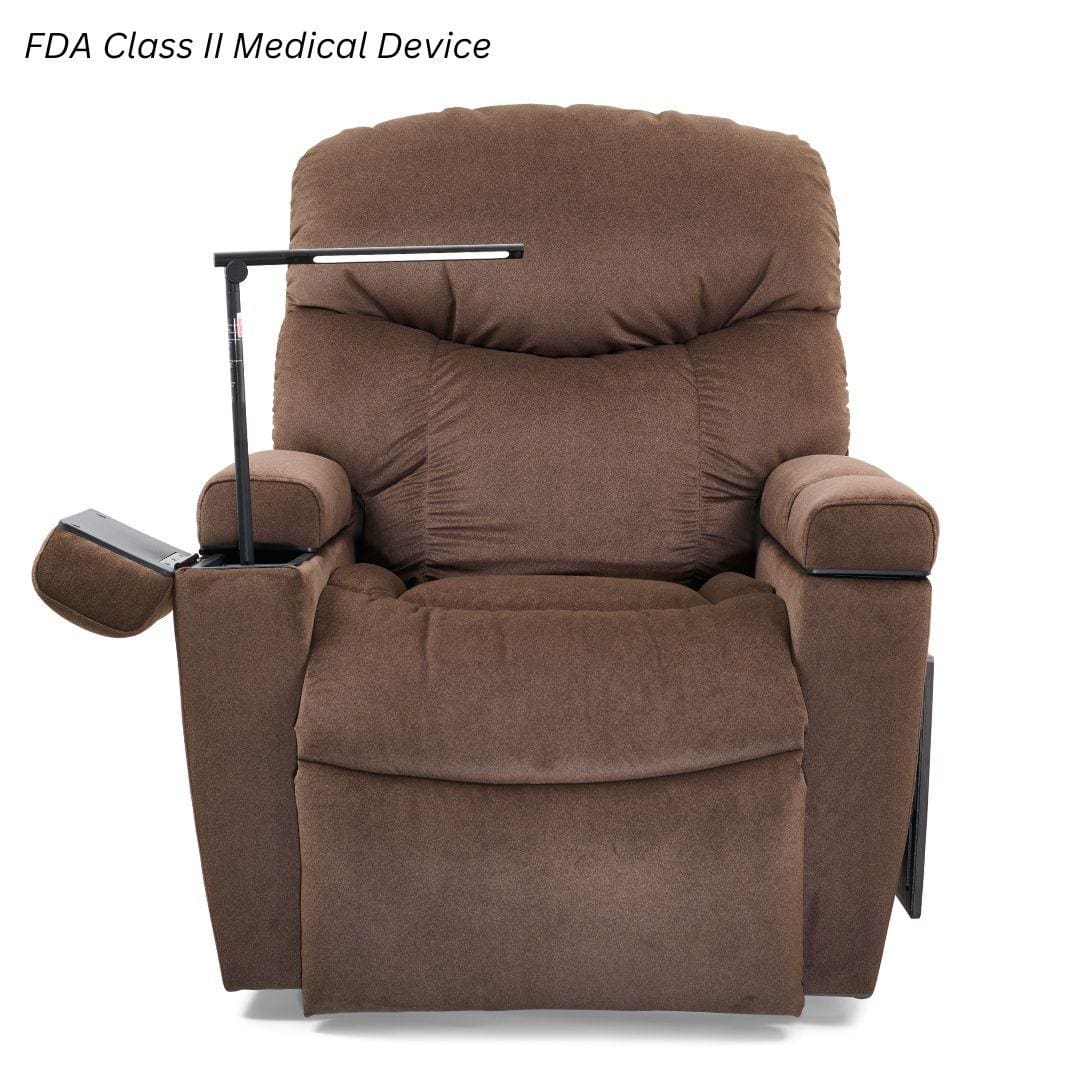A brown Cloud+ Medium Lift Chair by Golden Technologies features plush cushions, a built-in side table, reading lamp, and side pocket. "FDA Class II Medical Device" text appears in the top left corner. A brown Cloud+ Medium Lift Chair by Golden Technologies features plush cushions, a built-in side table, reading lamp, and side pocket. "FDA Class II Medical Device" text appears in the top left corner.