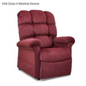 A plush Cloud Medium/Large - Lift Chair by Golden Technologies, featuring burgundy upholstery with padded arms and backrest. Text in the top left corner states: FDA Class II Medical Device.