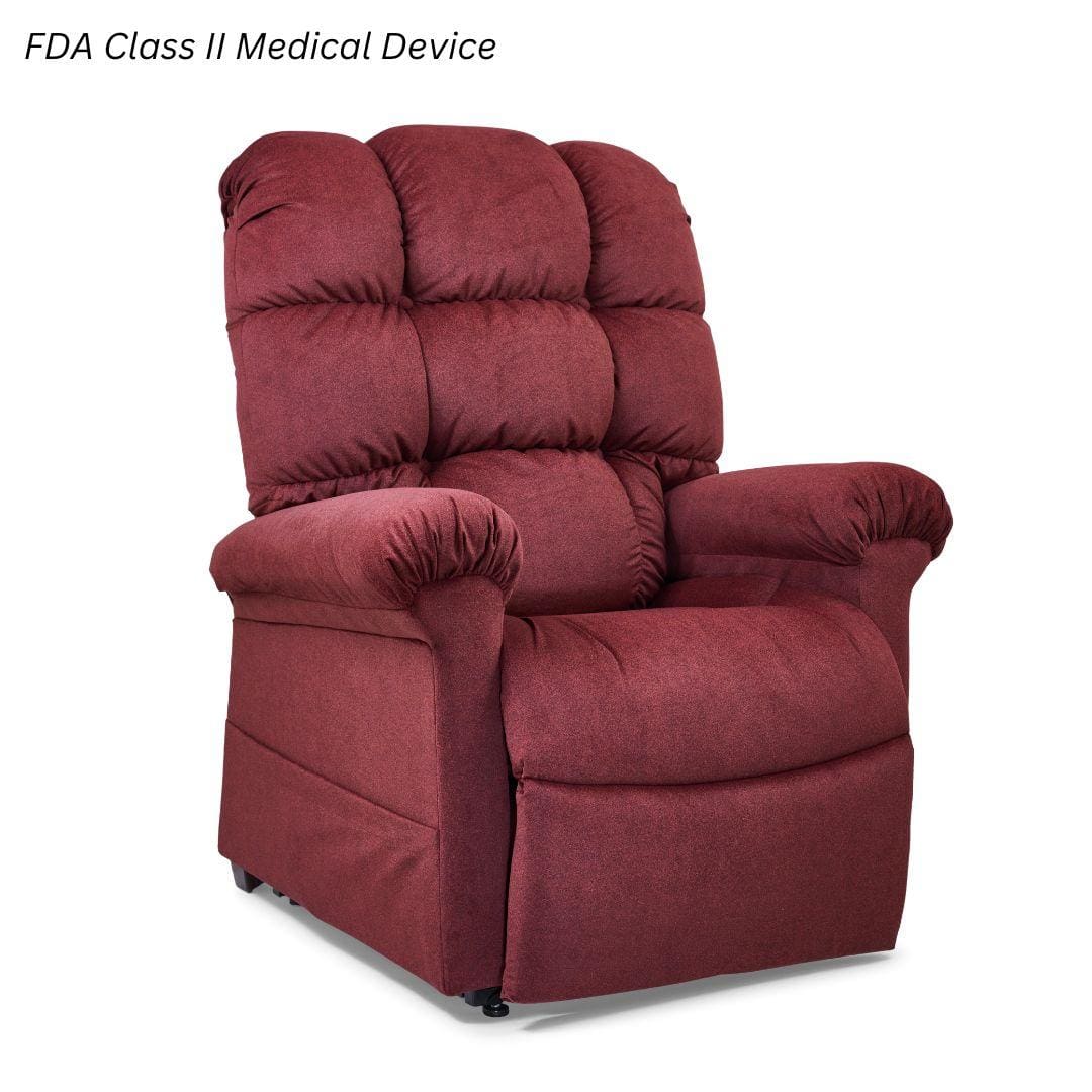 A plush Cloud Medium/Large - Lift Chair by Golden Technologies, featuring burgundy upholstery with padded arms and backrest. Text in the top left corner states: FDA Class II Medical Device. A plush Cloud Medium/Large - Lift Chair by Golden Technologies, featuring burgundy upholstery with padded arms and backrest. Text in the top left corner states: FDA Class II Medical Device.
