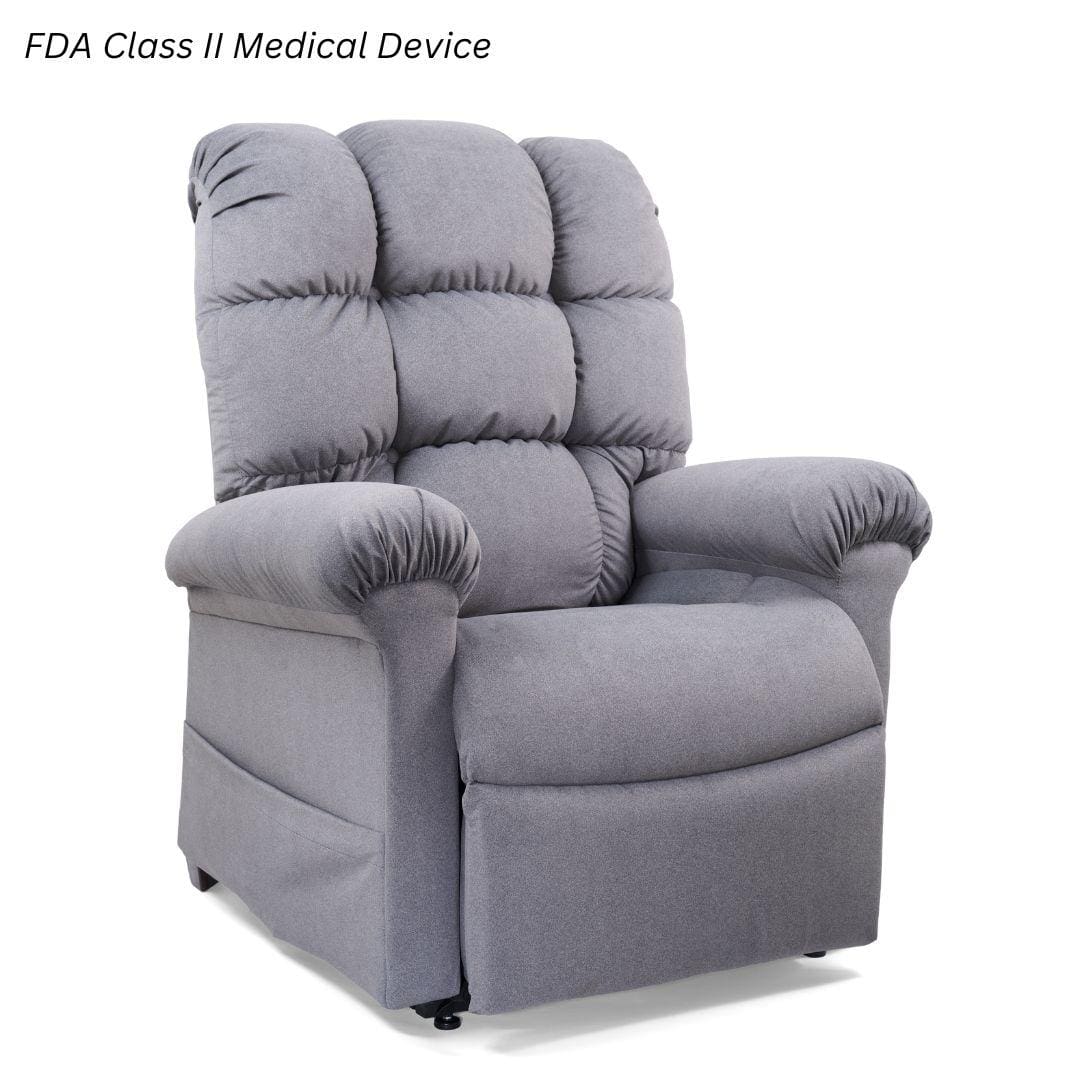 The Cloud Medium Large - Lift Chair by Golden Technologies offers plush gray cushioning, padded armrests, and multi-position comfort. FDA Class II Medical Device is displayed in the top left corner of the image. The Cloud Medium Large - Lift Chair by Golden Technologies offers plush gray cushioning, padded armrests, and multi-position comfort. FDA Class II Medical Device is displayed in the top left corner of the image.