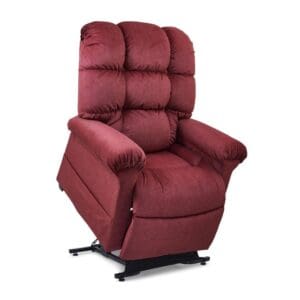 The Cloud Medium/Large Lift Chair by Golden Technologies features plush burgundy upholstery, padded armrests, a tufted backrest, and a multi-position lift mechanism for adjustable comfort.