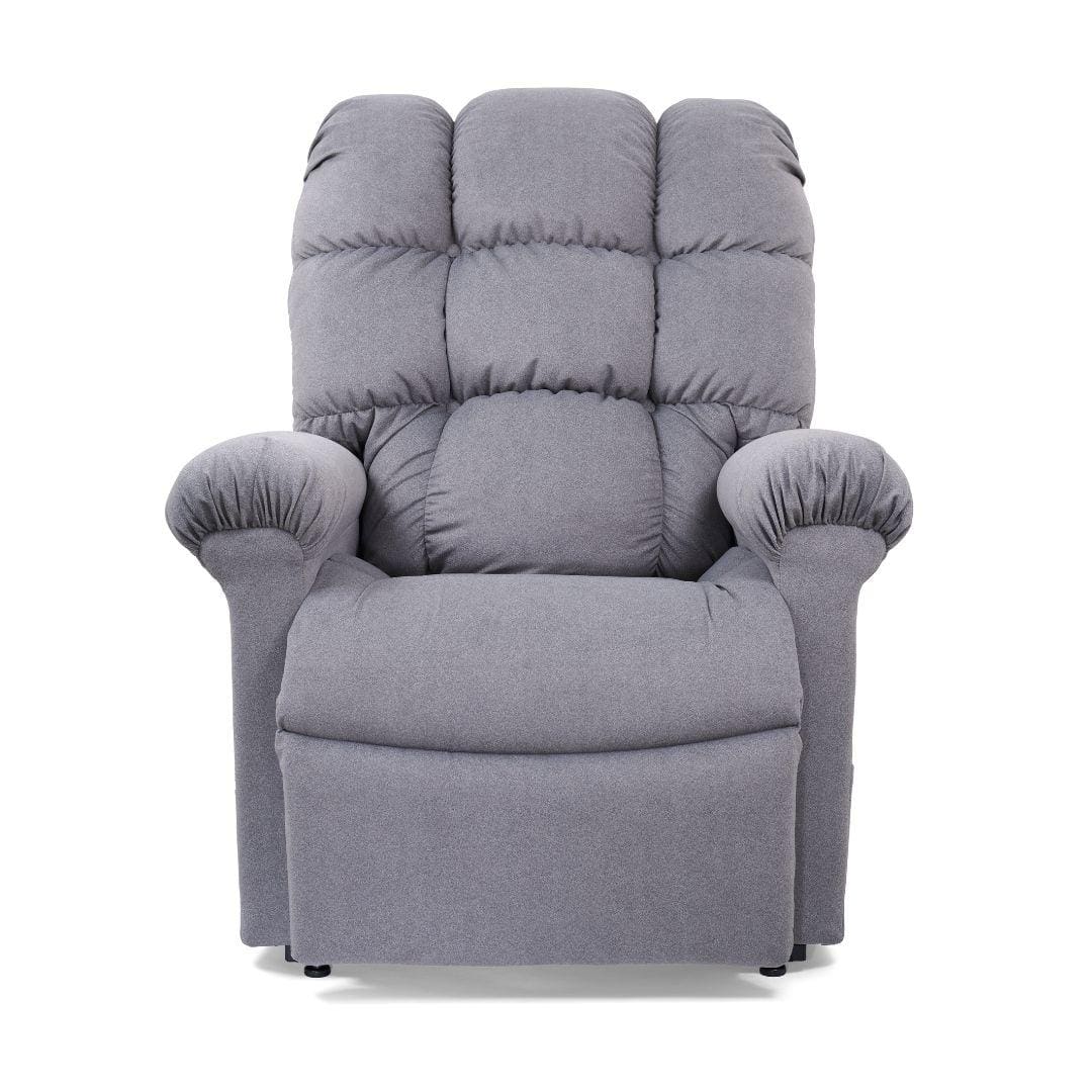 A plush gray Cloud Medium Large Lift Chair by Golden Technologies, featuring soft overstuffed cushions on the backrest, seat, and armrests, shown from the front against a white background. A plush gray Cloud Medium Large Lift Chair by Golden Technologies, featuring soft overstuffed cushions on the backrest, seat, and armrests, shown from the front against a white background.