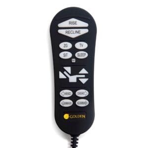 A black remote control for the Cloud Medium/Large Lift Chair by Golden Technologies, featuring Rise, Recline, ZG, TV, Sit, Sleep buttons; central arrow keys; and headrest plus lumbar support controls below.