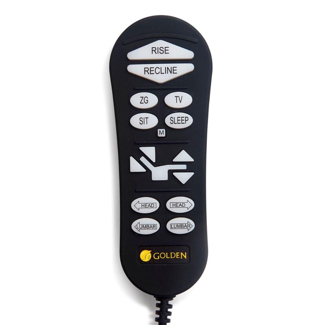 A black remote control for the Cloud Medium/Large Lift Chair by Golden Technologies, featuring Rise, Recline, ZG, TV, Sit, Sleep buttons; central arrow keys; and headrest plus lumbar support controls below. A black remote control for the Cloud Medium/Large Lift Chair by Golden Technologies, featuring Rise, Recline, ZG, TV, Sit, Sleep buttons; central arrow keys; and headrest plus lumbar support controls below.