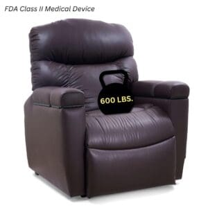 A brown Cloud+ Medium/Wide Lift Chair by Golden Technologies sits with a black 600 LBS kettlebell on the seat. Text above reads: FDA Class II Medical Device.