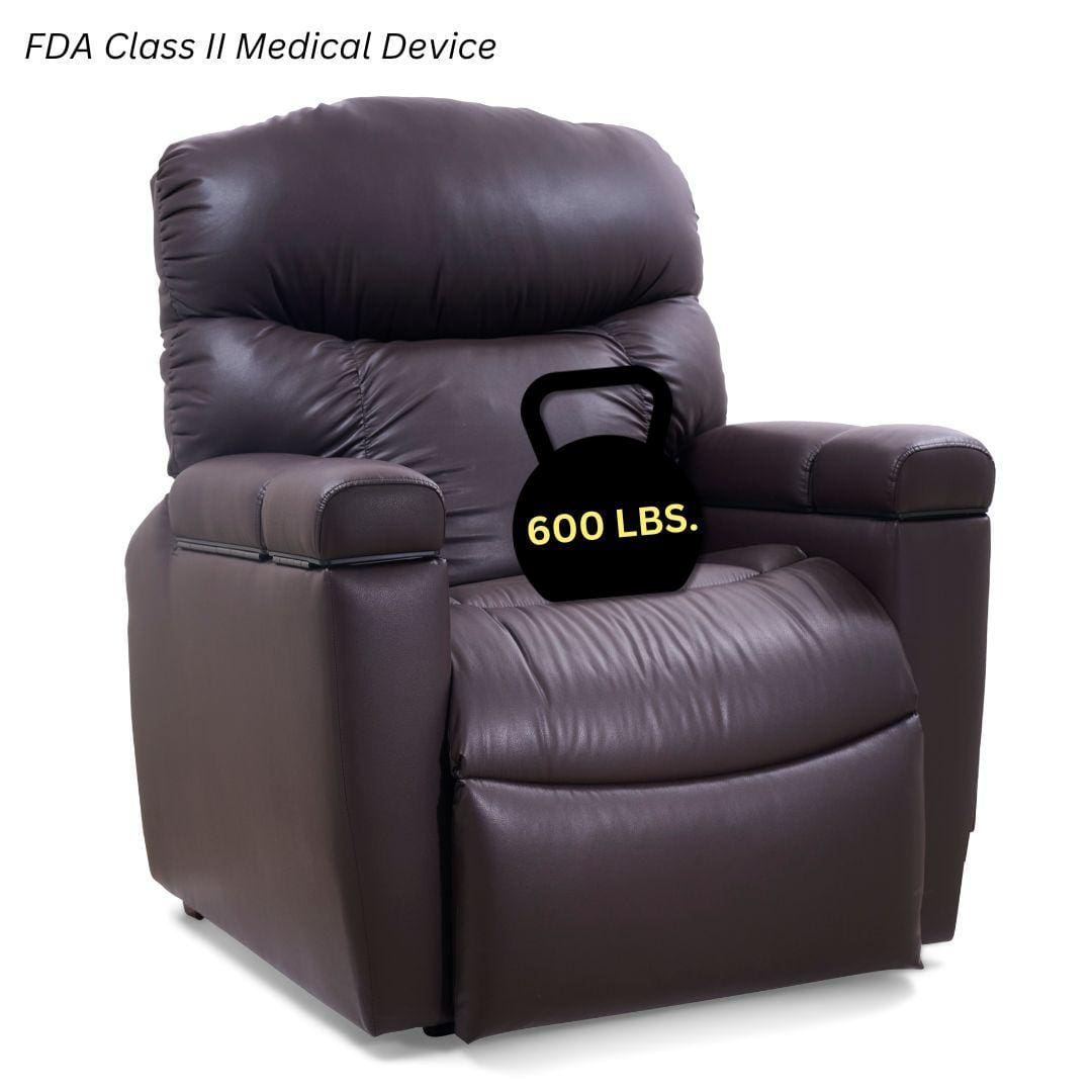 A brown Cloud+ Medium/Wide Lift Chair by Golden Technologies sits with a black 600 LBS kettlebell on the seat. Text above reads: FDA Class II Medical Device. A brown Cloud+ Medium/Wide Lift Chair by Golden Technologies sits with a black 600 LBS kettlebell on the seat. Text above reads: FDA Class II Medical Device.