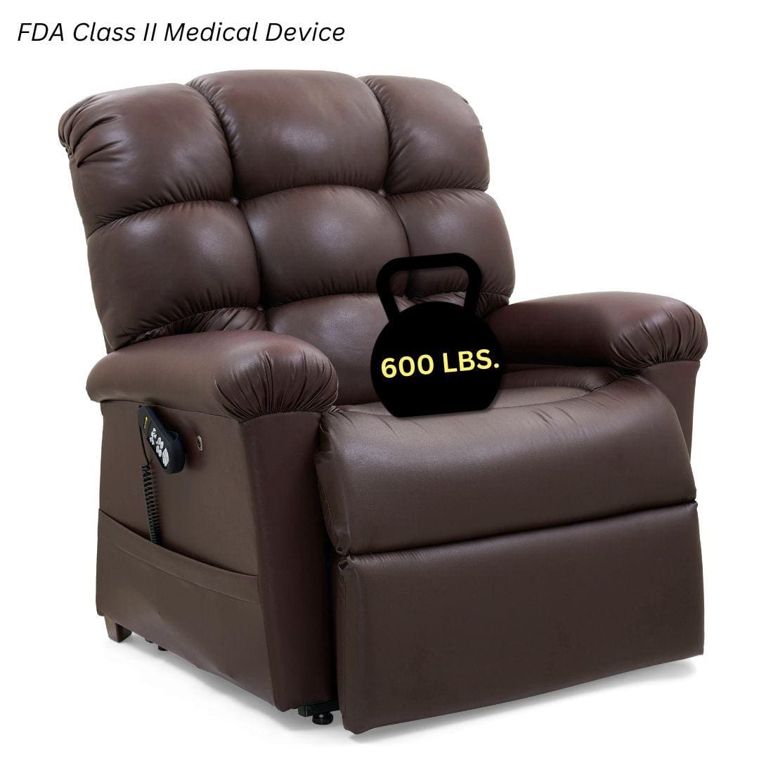The Cloud Medium Wide - Lift Chair by Golden Technologies, an FDA Class II Medical Device, features a brown power recliner with side remote. A black kettlebell marked 600 LBS on the seat highlights its sturdy, adjustable home lift design.