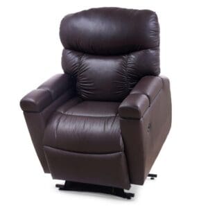 A Cloud+ Medium/Wide Lift Chair by Golden Technologies, upholstered in dark brown leather with padded armrests and a cushioned backrest, is shown on a white background.