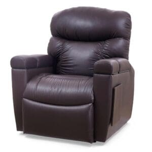 The Cloud+ Medium/Wide Lift Chair by Golden Technologies features plush dark brown leather, padded armrests, a tall cushioned back, and a side storage pocket, shown against a plain white background.