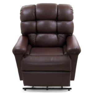 A front view of the Cloud Medium Wide - Lift Chair by Golden Technologies, a plush dark brown power recliner with padded armrests, tufted backrest, and multi-position comfort, shown against a plain white background.