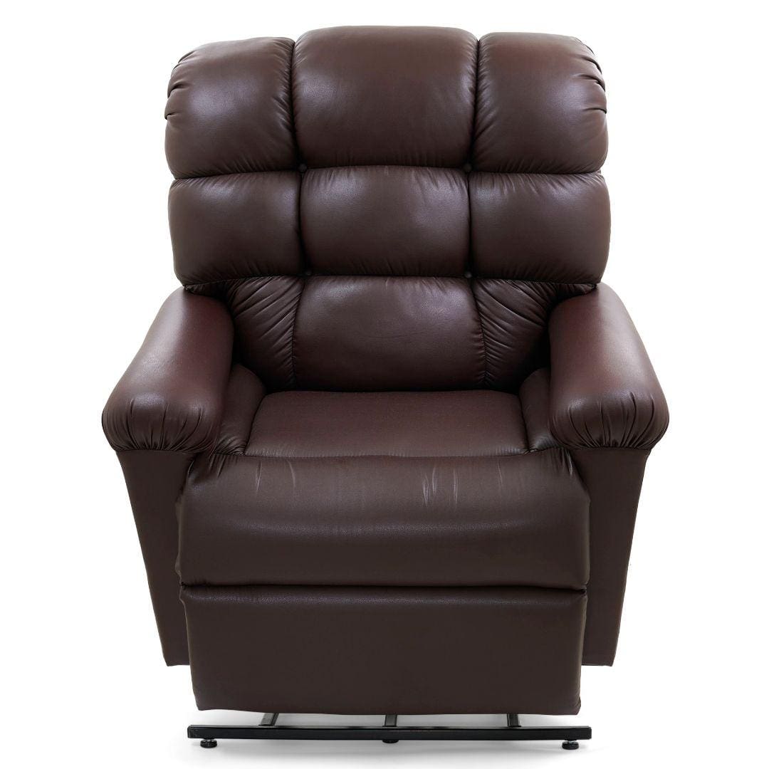A front view of the Cloud Medium Wide - Lift Chair by Golden Technologies, a plush dark brown power recliner with padded armrests, tufted backrest, and multi-position comfort, shown against a plain white background.