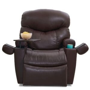 A dark brown Cloud+ Medium/Wide Lift Chair by Golden Technologies features attached arm trays—one with a bowl of popcorn, the other with a cup holder containing a teal cup.