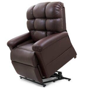 The Cloud Medium Wide Lift Chair by Golden Technologies features padded armrests, a tufted backrest, black metal base for standing assistance, plus electric heat and massage for comfort.