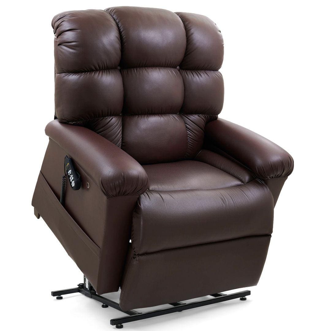 The Cloud Medium Wide - Lift Chair by Golden Technologies is a dark brown leather recliner with padded cushions, armrests, heat and massage features, left-side remote control, and a lift mechanism for enhanced comfort.