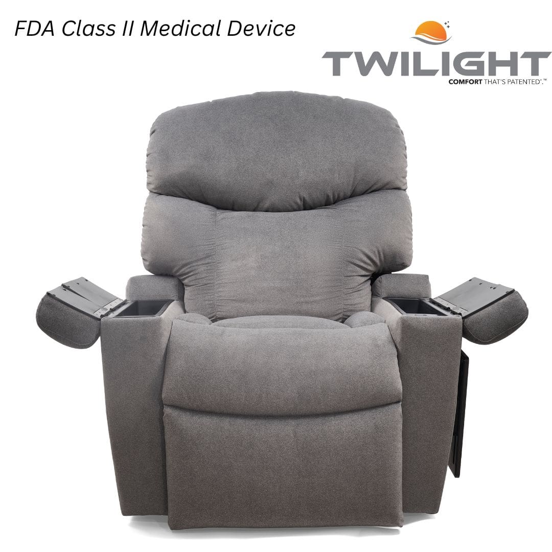 The Cloud+ Medium with Twilight Lift Chair by Golden Technologies is a gray recliner with armrests that open for storage. This FDA Class II medical device features the "TWILIGHT" logo in the upper right corner. The Cloud+ Medium with Twilight Lift Chair by Golden Technologies is a gray recliner with armrests that open for storage. This FDA Class II medical device features the "TWILIGHT" logo in the upper right corner.