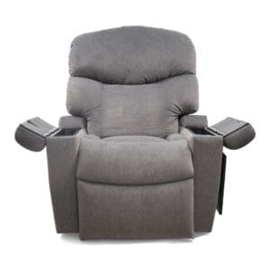The Cloud+ Medium with Twilight - Lift Chair by Golden Technologies, a plush gray recliner, features built-in storage in both armrests and is shown facing forward against a white background.