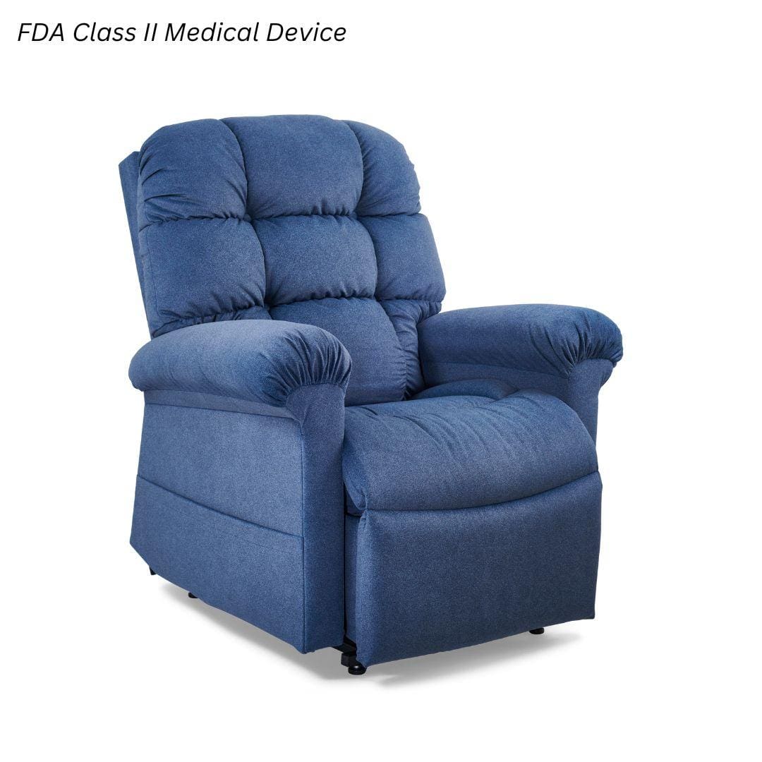 The Cloud Small Medium Lift Chair by Golden Technologies is a plush blue, FDA Class II Medical Device featuring padded armrests and backrest for comfort and support—ideal for medical or therapeutic use. The Cloud Small Medium Lift Chair by Golden Technologies is a plush blue, FDA Class II Medical Device featuring padded armrests and backrest for comfort and support—ideal for medical or therapeutic use.