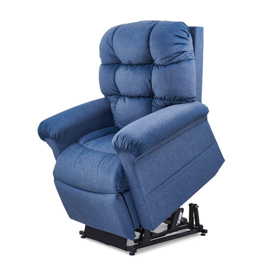 A blue upholstered Power Recliner Chair with thick, padded cushions and armrests, shown partially lifted. Its base raises to help users stand up, similar to the Cloud Small Medium - Lift Chair by Golden Technologies. A blue upholstered Power Recliner Chair with thick, padded cushions and armrests, shown partially lifted. Its base raises to help users stand up, similar to the Cloud Small Medium - Lift Chair by Golden Technologies.