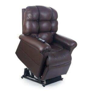 A dark brown Cloud with Twilight Medium/Large Lift Chair by Golden Technologies recliner is shown lifted, revealing its black metal mechanism and a remote control resting on the plush cushioned seat.
