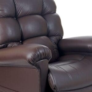 A close-up of the plush, dark brown Cloud with Twilight Medium/Large Lift Chair by Golden Technologies shows thick cushioned armrests, seat, and backrest against a plain white background.