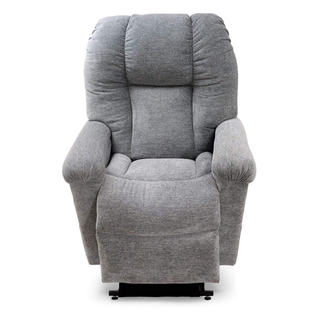 A plush, light gray Cloud with Twilight & Optional Nirvana Medium/Large Lift Chair by Golden Technologies, featuring padded armrests and backrest, is shown from the front against a white background.