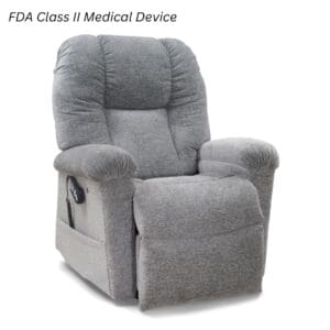 A gray Cloud with Twilight & Optional Nirvana Small/Medium Lift Chair by Golden Technologies, featuring adjustable comfort, remote control in side pocket. Text: FDA Class II Medical Device appears in the top left corner.