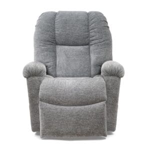 The Cloud with Twilight & Optional Nirvana Small/Medium Lift Chair by Golden Technologies, shown from the front with footrest extended, features a plush gray design, padded armrests, and a cushioned backrest for adjustable relaxing comfort.
