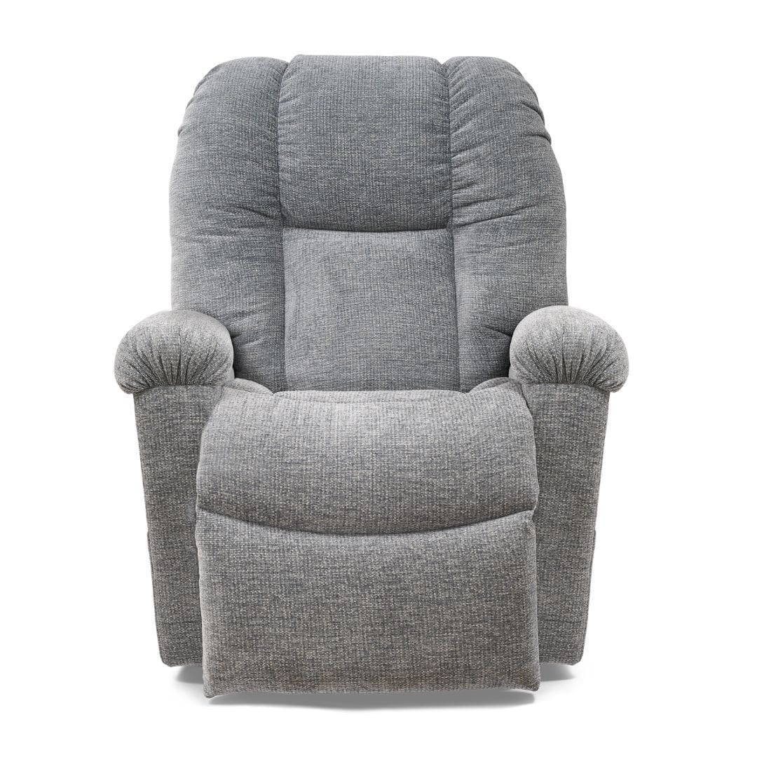 The Cloud with Twilight & Optional Nirvana Small/Medium Lift Chair by Golden Technologies, shown from the front with footrest extended, features a plush gray design, padded armrests, and a cushioned backrest for adjustable relaxing comfort.