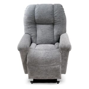 The Cloud with Twilight & Optional Nirvana Small/Medium Lift Chair by Golden Technologies, shown in plush light gray upholstery with padded armrests and a cushioned backrest, offers relaxing comfort and support as a home recliner with lift.