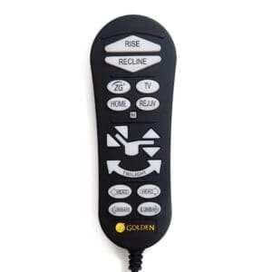 A black remote control for the Cloud with Twilight Small/Medium Lift Chair by Golden Technologies features labeled buttons for Rise, Recline, TV, Home, Rejuv, head and lumbar support, adjustment arrows, and the Golden logo at the bottom.