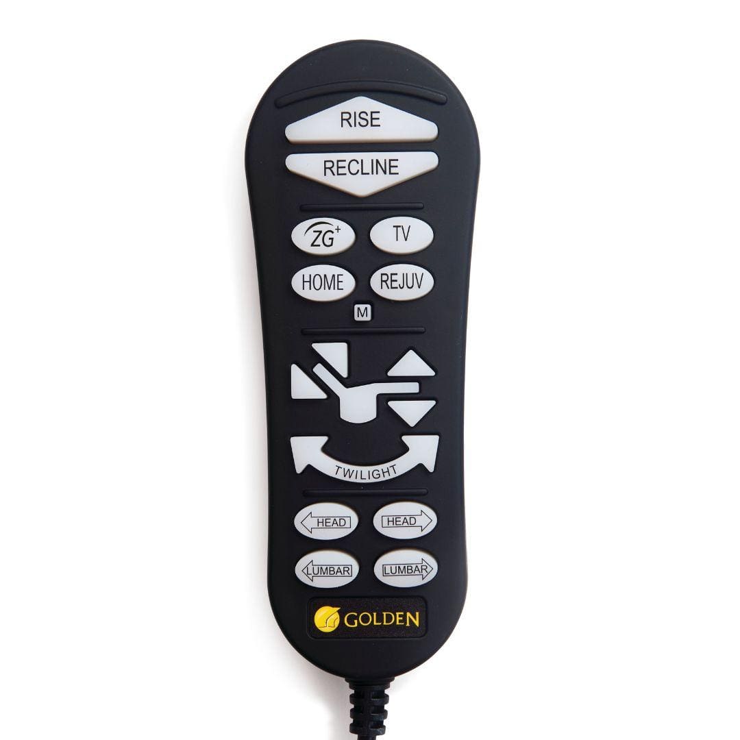 A black remote control for the Cloud with Twilight Small/Medium Lift Chair by Golden Technologies features labeled buttons for Rise, Recline, TV, Home, Rejuv, head and lumbar support, adjustment arrows, and the Golden logo at the bottom. A black remote control for the Cloud with Twilight Small/Medium Lift Chair by Golden Technologies features labeled buttons for Rise, Recline, TV, Home, Rejuv, head and lumbar support, adjustment arrows, and the Golden logo at the bottom.