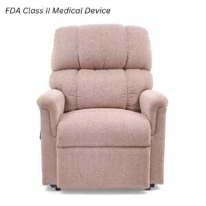 A beige Comforter Large - Lift Chair by Golden Technologies with padded arms and backrest is shown on a white background. Text in the top left corner reads FDA Class II Medical Device.