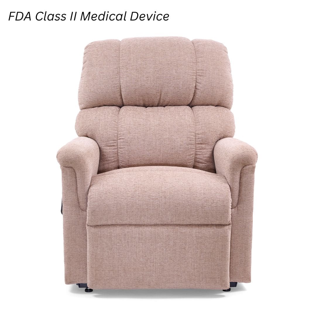 A beige Comforter Large - Lift Chair by Golden Technologies with padded arms and backrest is shown on a white background. Text in the top left corner reads FDA Class II Medical Device.
