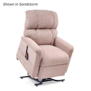 Beige Comforter Large Lift Chair by Golden Technologies with padded backrest, armrests, and a wired remote attached to the side. Power recliner shown with raised base. Text in corner reads Shown in Sandstorm.