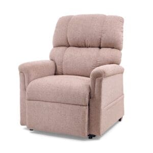 The Comforter Large - Lift Chair by Golden Technologies is a beige upholstered power recliner with plush back, seat, and armrest cushions, shown on a white background.