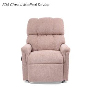 The Comforter Medium - Lift Chair by Golden Technologies, upholstered in beige, is displayed against a white background. Text in the top left says, FDA Class II Medical Device.