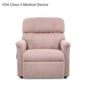 The Comforter Medium Wide - Lift Chair by Golden Technologies is a beige upholstered recliner with plush cushions. Shown against a white background, text above the chair reads “FDA Class II Medical Device.”.