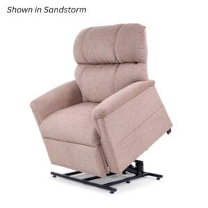 The Comforter Medium Wide Lift Chair by Golden Technologies is shown in Sandstorm, partially reclined on a black metal base.