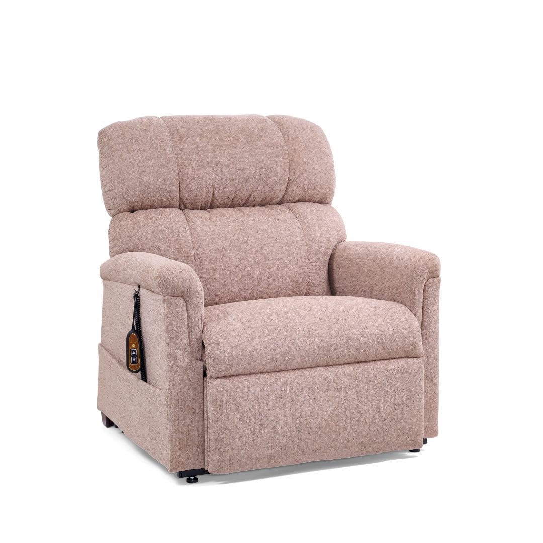 The Comforter Medium Wide - Lift Chair by Golden Technologies, upholstered in beige with plush cushions, wide armrests, and a side pocket for the remote, is shown against a plain white background for a refined look. The Comforter Medium Wide - Lift Chair by Golden Technologies, upholstered in beige with plush cushions, wide armrests, and a side pocket for the remote, is shown against a plain white background for a refined look.