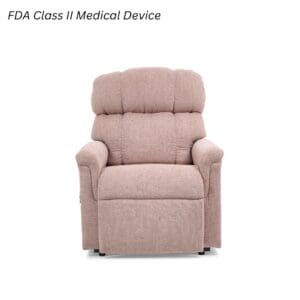 The Comforter Petite Small Lift Chair by Golden Technologies, an FDA Class II medical device, offers padded armrests and backrest for comfort. This adjustable home recliner is pictured against a white background.