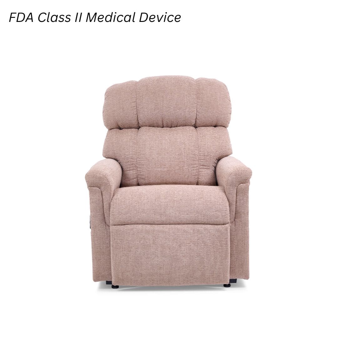 The Comforter Petite Small Lift Chair by Golden Technologies, an FDA Class II medical device, offers padded armrests and backrest for comfort. This adjustable home recliner is pictured against a white background. The Comforter Petite Small Lift Chair by Golden Technologies, an FDA Class II medical device, offers padded armrests and backrest for comfort. This adjustable home recliner is pictured against a white background.