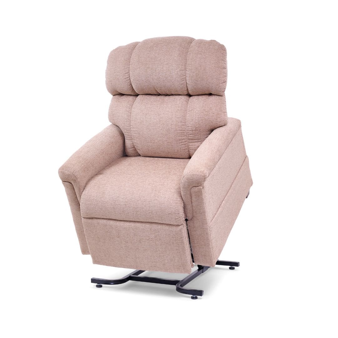 The Comforter Petite Small Lift Chair by Golden Technologies offers padded backrest and armrests, with a metal base for assisted standing and multiple reclining positions. The Comforter Petite Small Lift Chair by Golden Technologies offers padded backrest and armrests, with a metal base for assisted standing and multiple reclining positions.