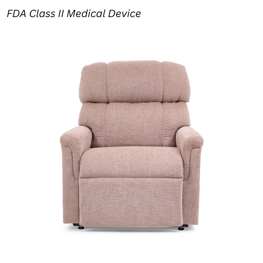 Front view of the Comforter Small Wide - Lift Chair by Golden Technologies, beige upholstery with cushioned back and armrests, shown on a white background. Text at top left: FDA Class II Medical Device. Front view of the Comforter Small Wide - Lift Chair by Golden Technologies, beige upholstery with cushioned back and armrests, shown on a white background. Text at top left: FDA Class II Medical Device.