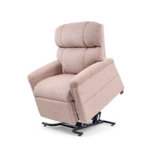 The Comforter Small Wide - Lift Chair by Golden Technologies features beige upholstery, cushioned back and armrests, and is shown partially raised on a black metal lift mechanism against a white background.