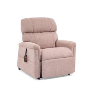 The Comforter Small Wide - Lift Chair by Golden Technologies features beige upholstery, plush cushioning, wide armrests, and an attached remote control for comfort and convenience.